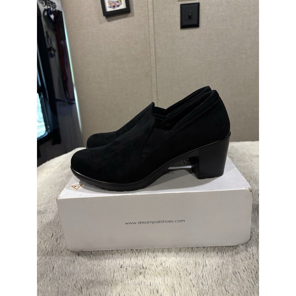 Dream Pairs Women’s Chunky Block Heel Slip On Comfort Pump Oxford Black Suede 9